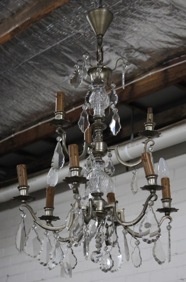 French silver plated 2 tier 9 branch chandelier with cut crystal drops. Price $550