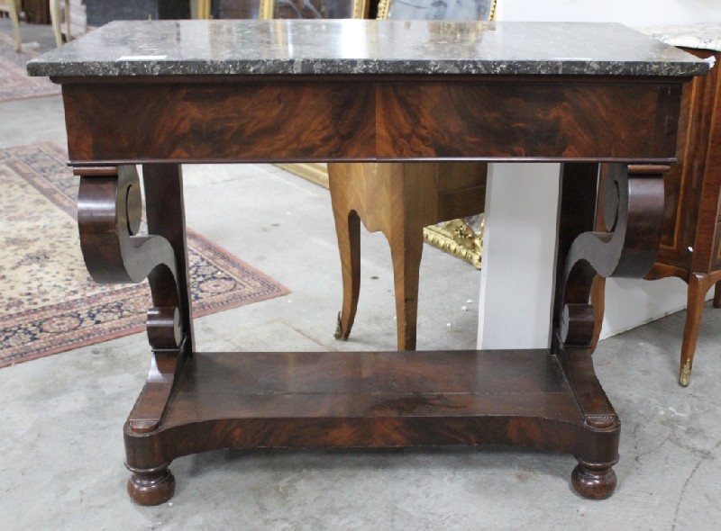 19th century French empire flame mahogany console table with black marble top. Price $1250