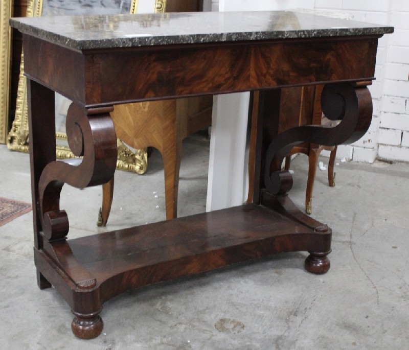 19th century French empire flame mahogany console table with black marble top. Price $1250