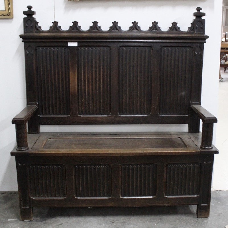 Late 19th century French gothic heavily carved oak bench settle. Price $1500
