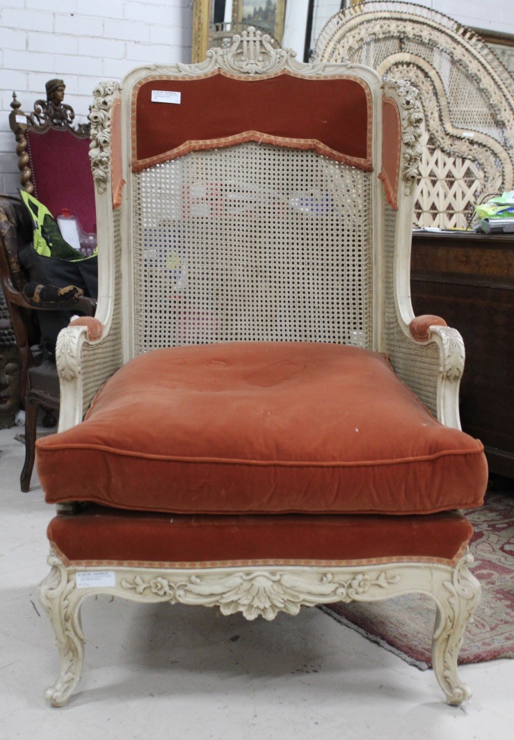 Fine late 19th century French Louis XVth white lacquered & floral decorated large bergere chair. Price $1150