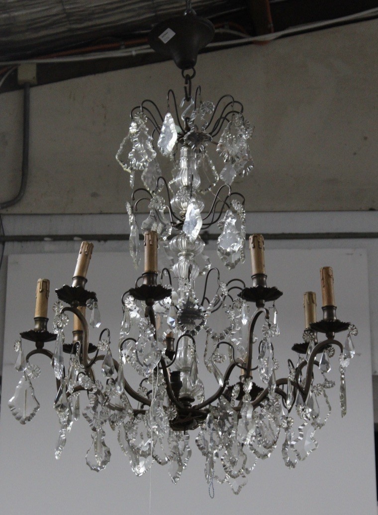 Fine French bronze & crystal drop 8 branch chandelier. Price $1400