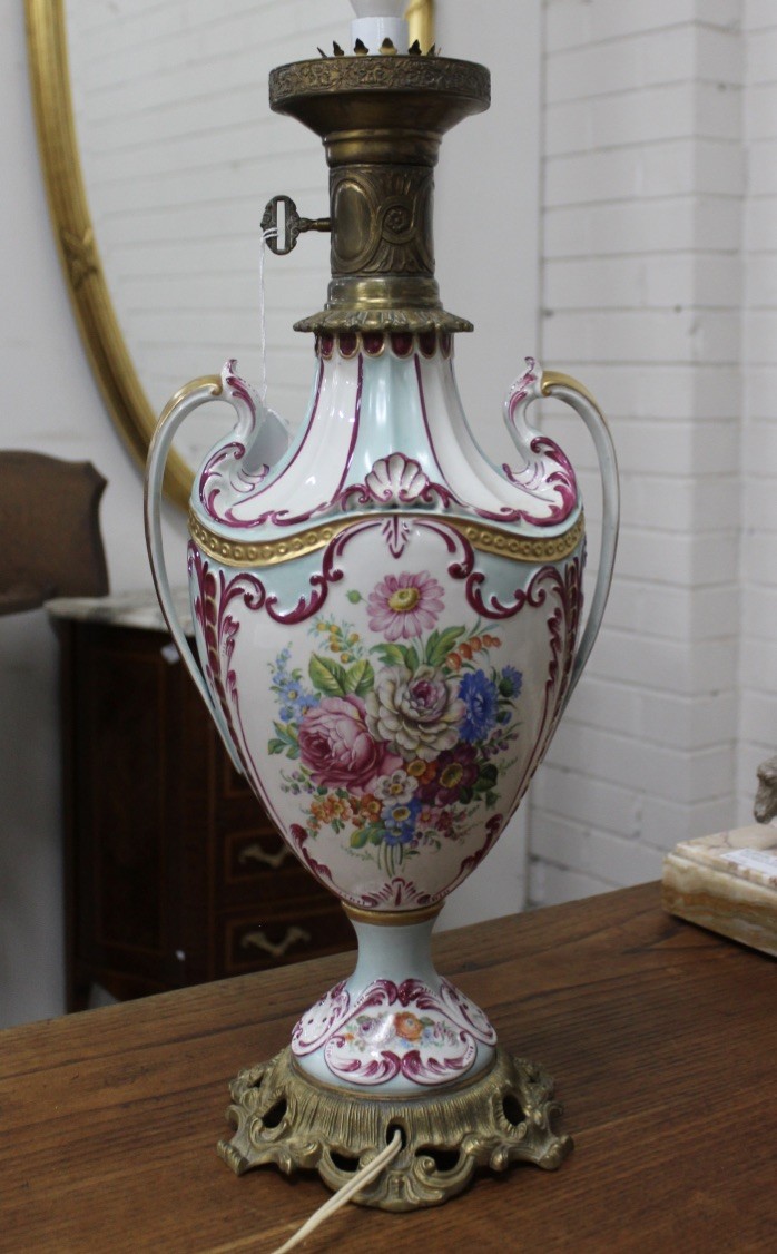 French floral porcelain and brass mounted table lamp. Price $520