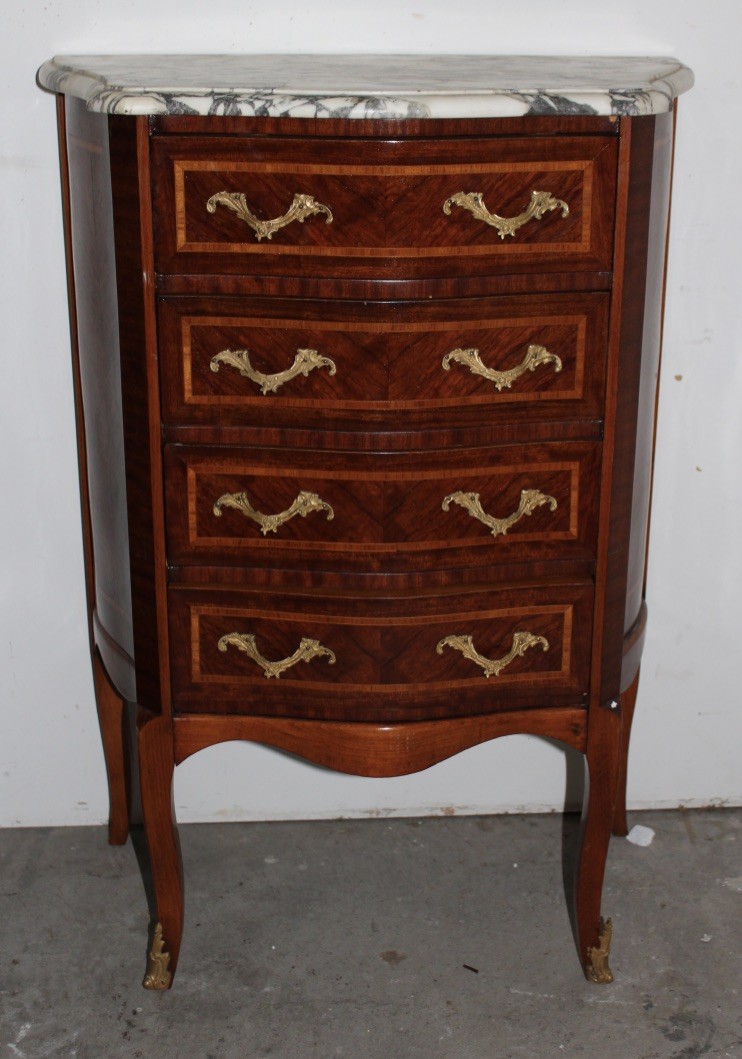 French Louis XVth walnut and inlaid 5 drawer chest with white marble top and bronze mounts. Price $875