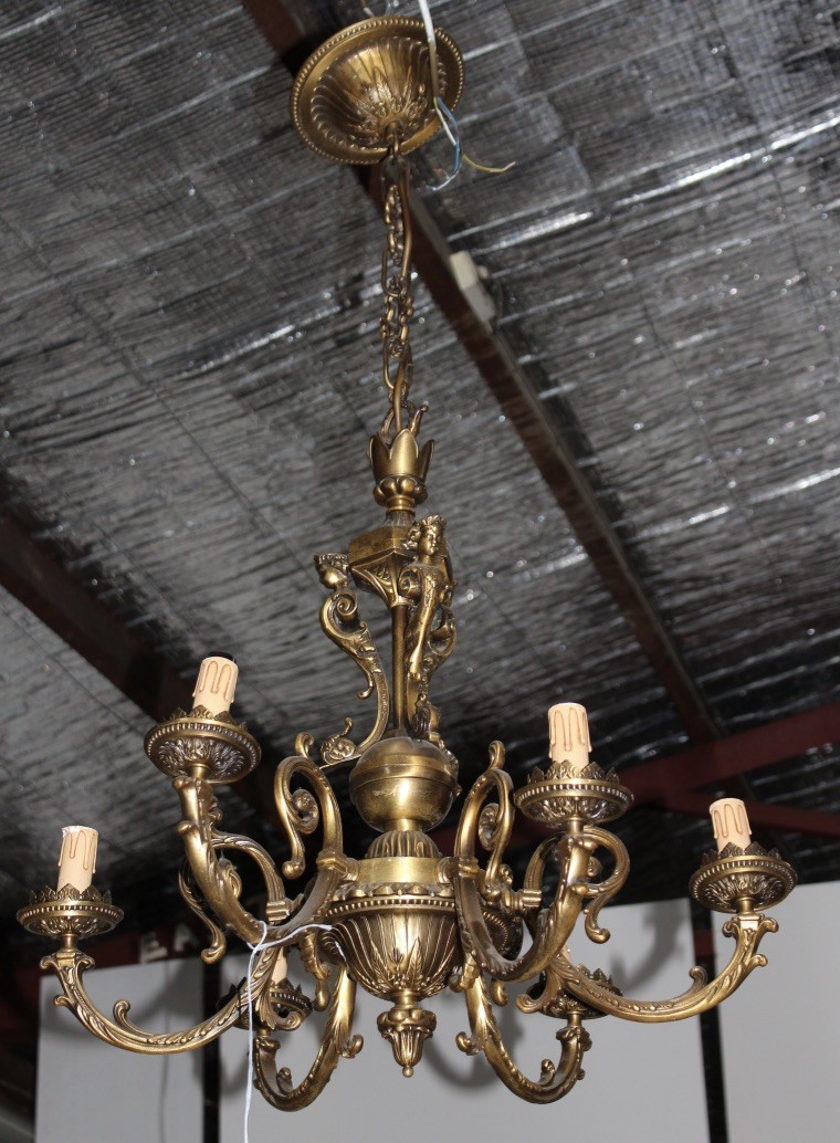 French bronze & floral decorated 6 branch light fitting. Price $380