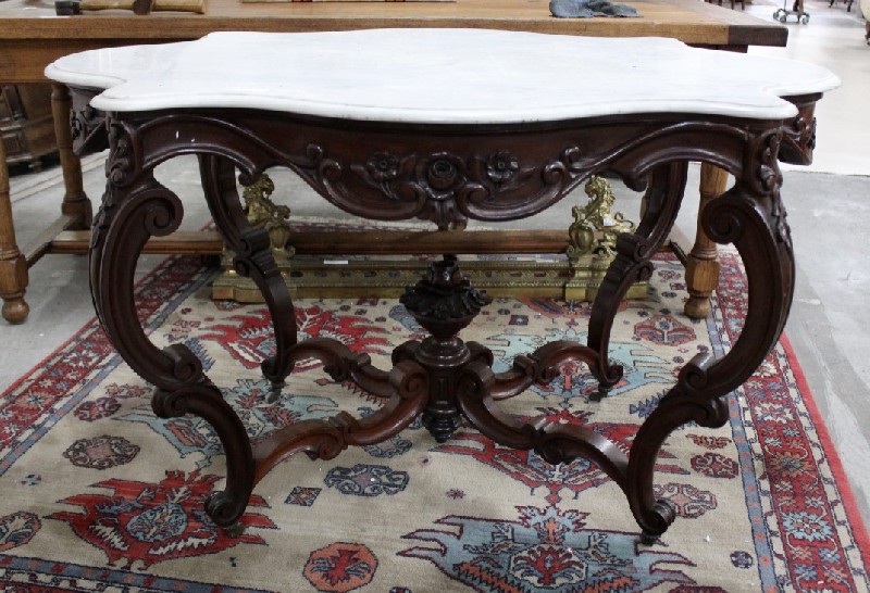 Superb mid-19th century French Louis XVth walnut & floral decorated centre table, with shaped white marble top. Price $1950
