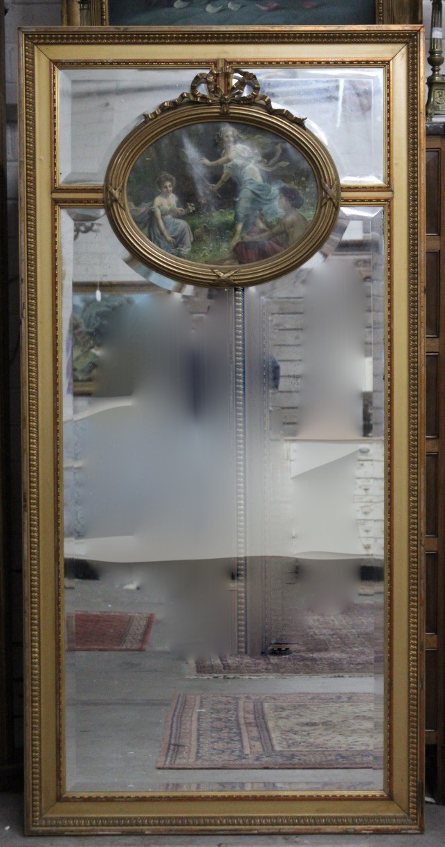 Fine restored French gilt wood and ribbon decorated trumeau wall mirror. Price $880