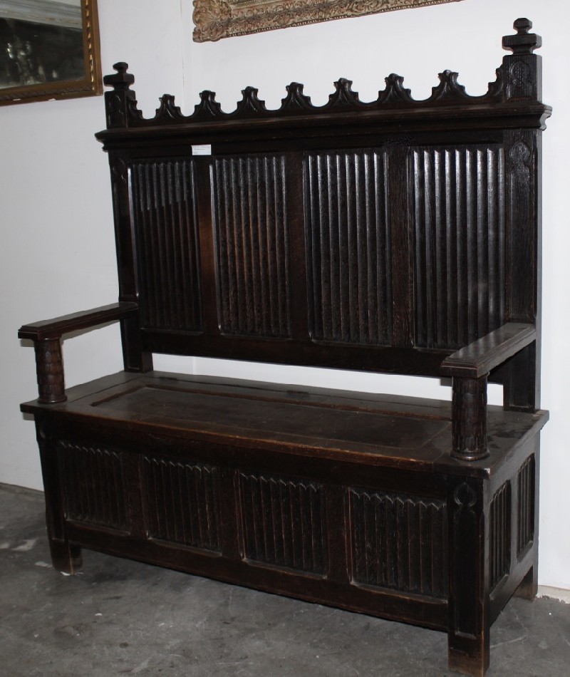 Interesting late 19th century French gothic heavily carved oak bench settle. Price $1500