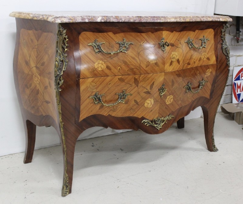 French Louis XVth walnut & floral marquetry inlaid 2 drawer commode, with fine marble top and ormolu mounts. Price $1950