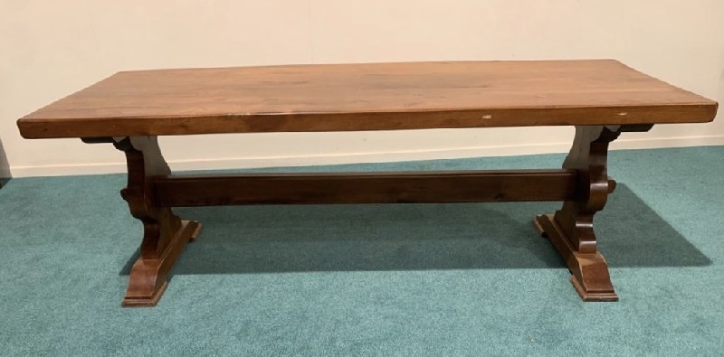 Antique French oak pedestal based refectory table, with stretcher. Price $1750