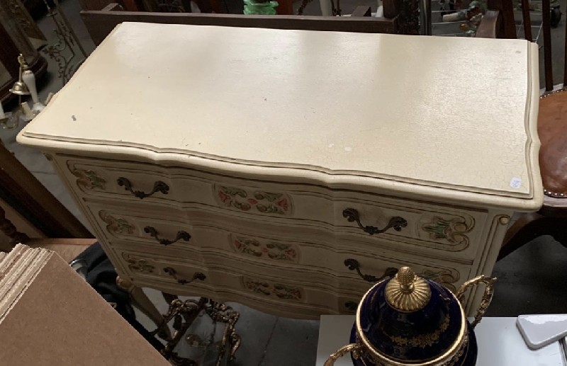 French provincial white lacquered and floral 3 drawer chest commode. Price $550