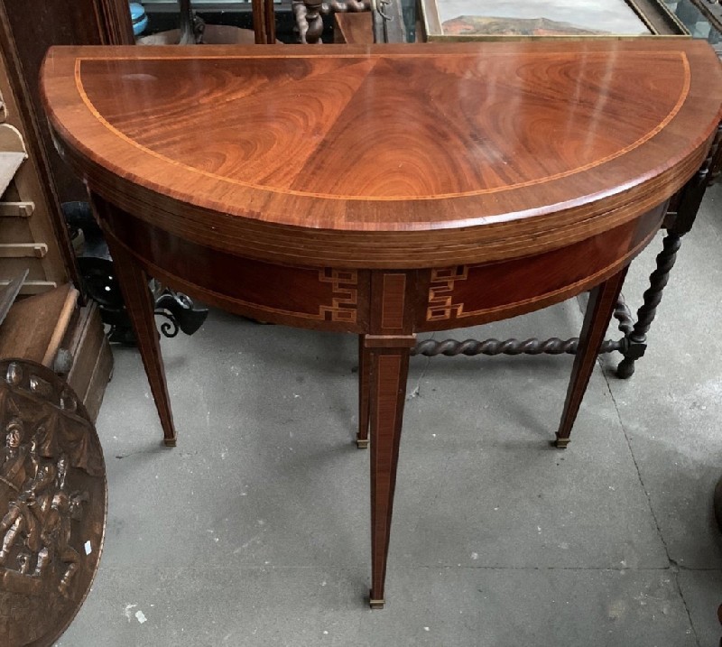 19th century French walnut & inlaid demi-lune fold over games table. Price $1100