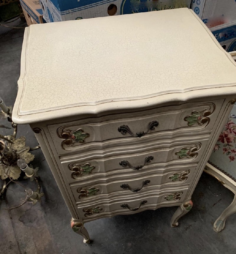 French provincial white lacqueed and floral 4 drawer chest commode. Price $450