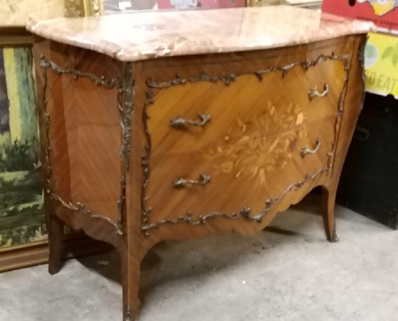 Italian early 20th century Louis XVth walnut & floral inlaid 2 drawer commode, having marble top and bronze mounts. Also having maker ladel inside the drawer. Price $1650