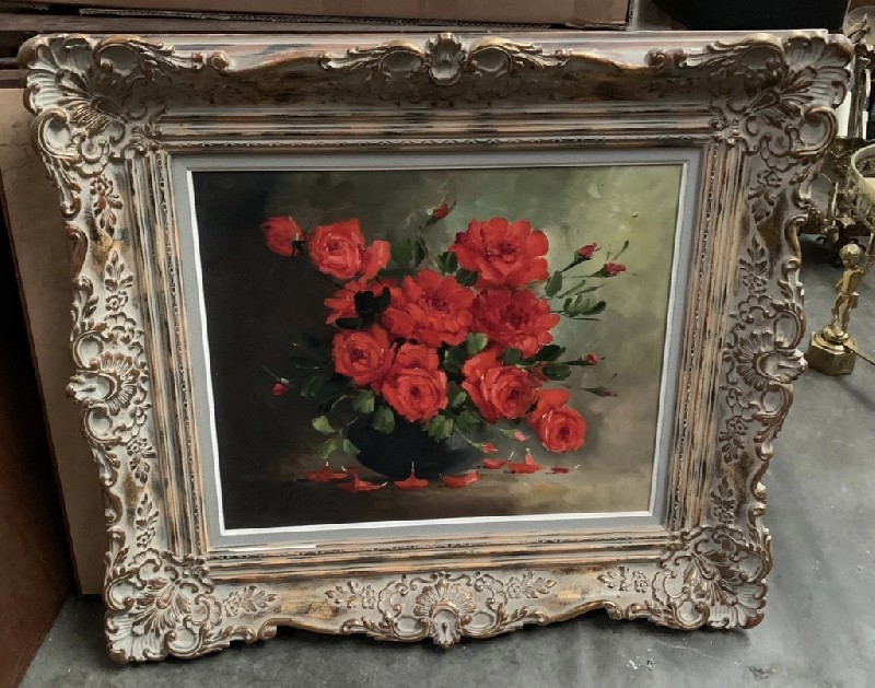 Orante gilt framed oil painting still life of red roses in a vase. Price $550