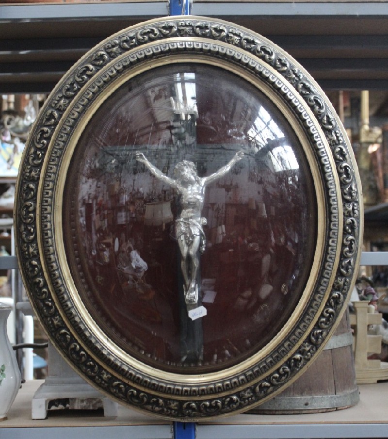 19th century French ornate gilt convex glass framed crucifix. Price $295